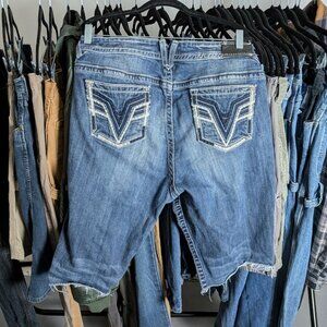 Vigoss RockRevival-style embroidered denim shorts